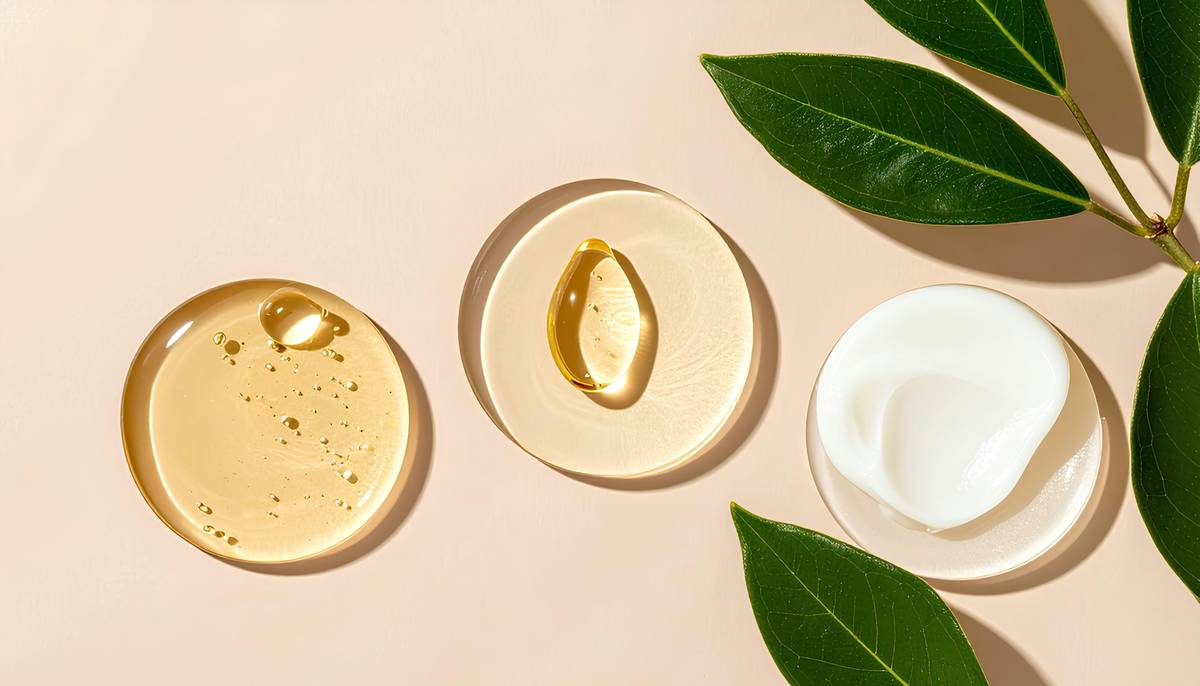 Glass bottles of herbal skincare with labels reading 'Natural Preservatives' on a wooden shelf